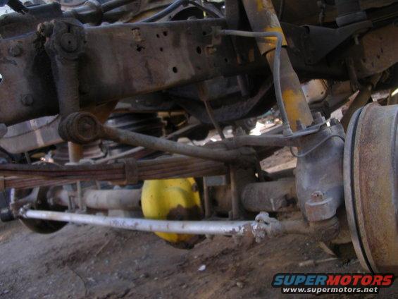 Close-up of a vehicle's front axle, leaf springs, steering linkage, and shock absorber