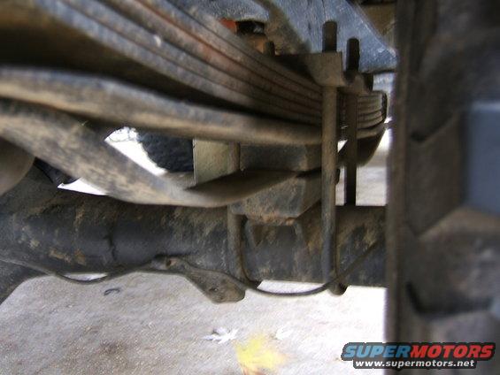 Leaf spring suspension assembly on a vehicle's undercarriage, showing U-bolts and mounting hardware