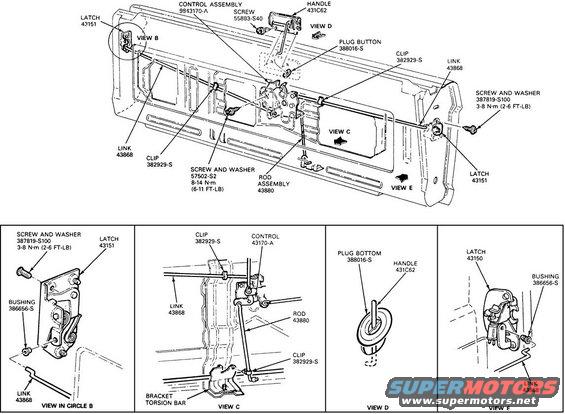tailgate-latches.jpg '78-82 Latches

The torsion bar retainer (430A32) in View C is available from Dennis Carpenter as [url=https://www.dennis-carpenter.com/en/trucks/tailgate-amp-liftgate/tailgates/d8tz-98430a30-a-tg-counter-balance-torsion-bar]98430A30[/url]
Remote Control D8TZ-9843170-B (JBG [url=https://shop.broncograveyard.com/1980-1996-Ford-Bronco-Tailgate-Handle-Release-Assembly/productinfo/34520/]34520[/url])
Clip 382929-S AuVeCo 23307

For a writeup on installation & alignment, read this: 
http://www.fourdoorbronco.com/board/showthread.php?t=5224