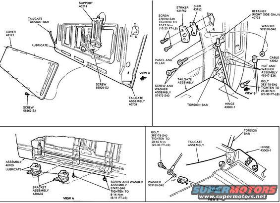 tailgate-torsion-7882.jpg 78-82 Strikes & Torque Rod.  The strike bolt, cable bolts, & support are the only things in this diagram specific to '78-82. The support might have been used through 1989. Everything else applies to '78-96. The later cable bolts have T50 drive instead of these #4 Phillips.

Bracket Assembly (430A32) is available from Dennis Carpenter as [url=https://www.dennis-carpenter.com/en/trucks/tailgate-amp-liftgate/tailgates/d8tz-98430a30-a-tg-counter-balance-torsion-bar]98430A30[/url]