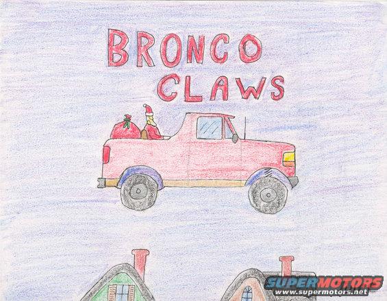 drawing of a red pickup truck with Santa and gifts in the bed
