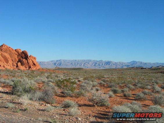 Desert landscape with red rock formations and sparse vegetation under a clear blue sky