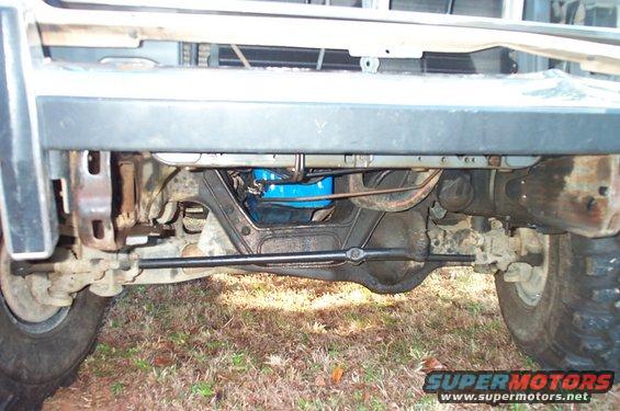 Underside view of a vehicle's front axle, steering linkage, and a blue oil pan