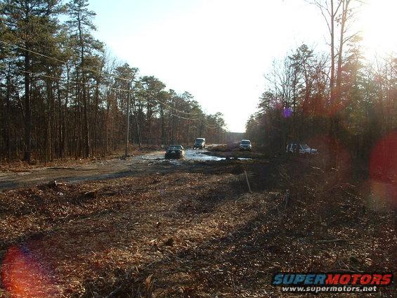 Several SUVs driving through a muddy, wooded area