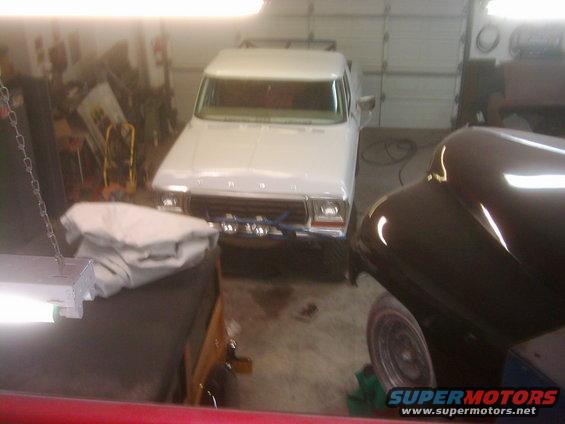 White 1978 Ford Bronco front view in garage
