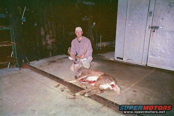 Man kneels beside a deer carcass in a garage