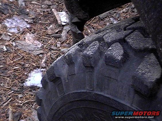 Close-up of an off-road tire with aggressive tread, resting on a forest floor with pine needles and bark