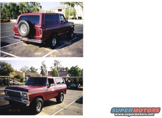 Red 1978 Ford Bronco rear 3/4 view with spare tire
