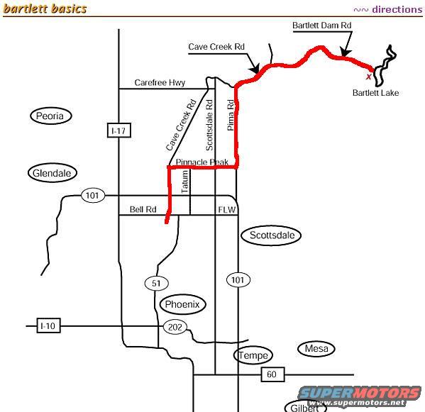 Map shows route from Phoenix to Bartlett Lake via Cave Creek Rd and Bartlett Dam Rd
