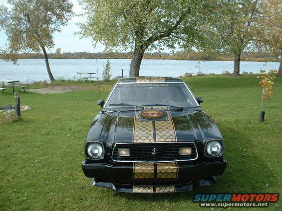 Black 1978 Ford Mustang II with gold stripes parked on grass by a lake