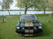 1978 Ford Mustang II - A black 1978 Ford Mustang II with gold racing stripes is parked on a grassy area near a body of water.