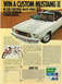 1978 Ford Mustang II - A white 1978 Ford Mustang II is advertised for a sweepstakes, with a woman leaning against it.