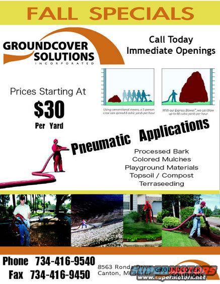Ad for Groundcover Solutions showing pneumatic application of mulch and topsoil. Includes prices and contact info