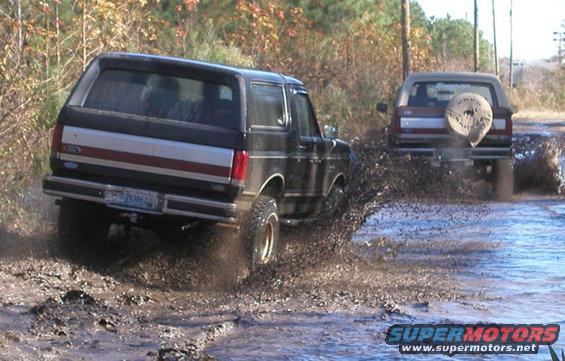 Two Ford Broncos kicking up mud on a trail. One has a spare tire on the back