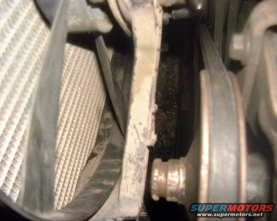 Engine bay view of radiator and belt system