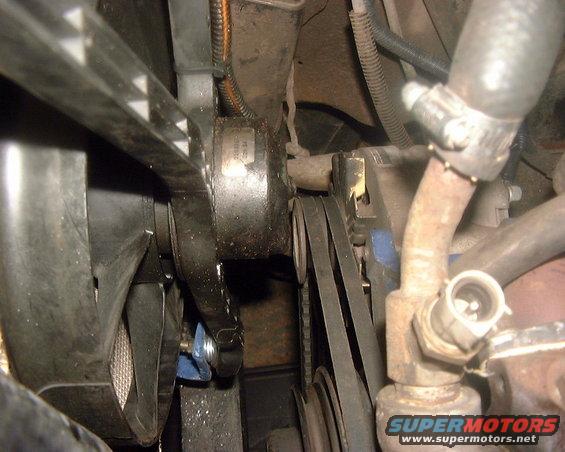 Close-up of engine fan and serpentine belt system with hoses and pulleys