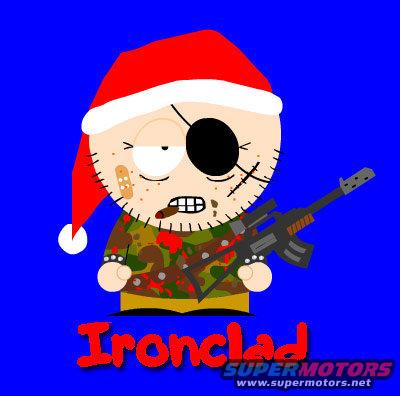 Cartoon character in Santa hat, with eye patch, bandages, and holding a rifle. Text reads 'Ironclad'