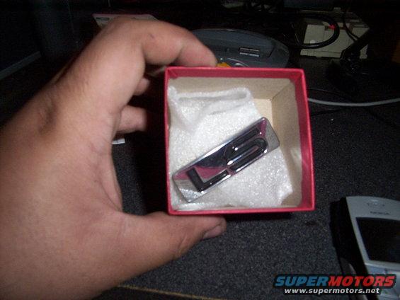 Chrome car emblem with 'LS' lettering inside a red box, held by a hand