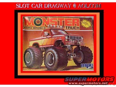 Monster truck model kit box showing a red and yellow Ford Bronco with large tires