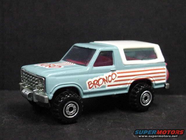Light blue toy Bronco with red and white stripes on the side. Text on the side says 'Bronco'