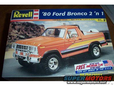 Orange 1980 Ford Bronco model kit box, 3/4 front view, with colorful side graphics and a free American flag offer