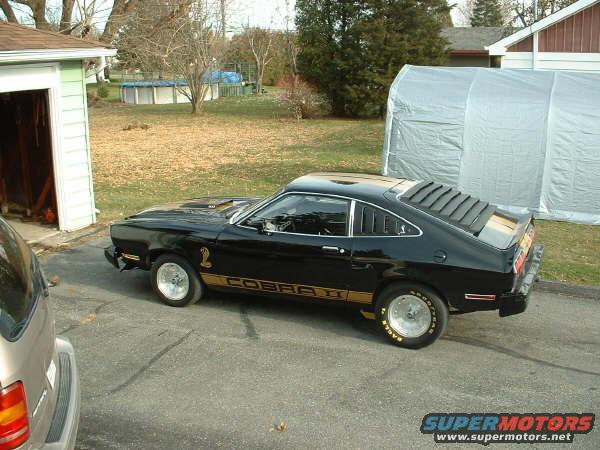 Black 1978 Ford Mustang II Cobra II with gold stripes, louvers on rear window, parked on asphalt