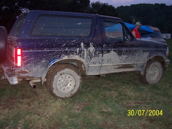 Mud-splattered blue SUV side view