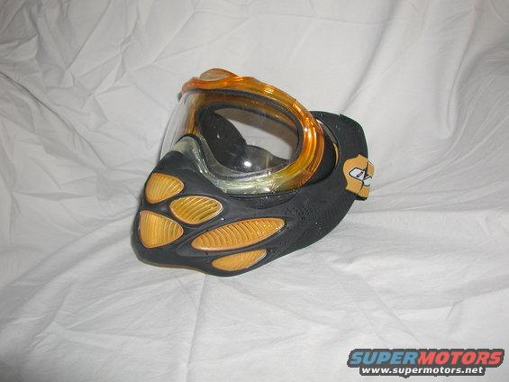 Black and orange paintball mask with clear lens and ventilation holes