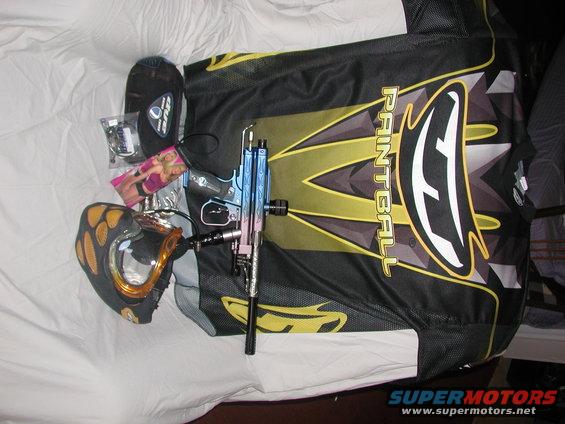 Paintball mask, jersey, and marker