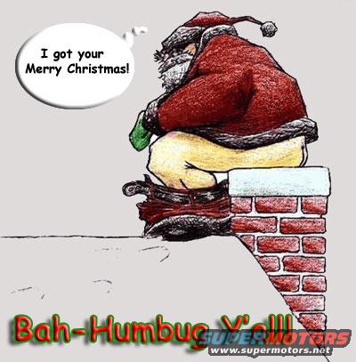 Santa stuck in chimney, saying 'I got your Merry Christmas!'