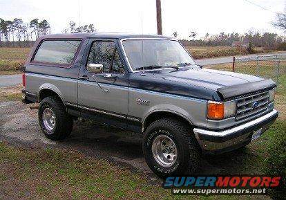 1987 Ford Bronco parked on grass, two-tone blue and silver paint, aftermarket wheels
