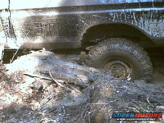 Mud-covered 1978 Ford F-250 side view, with its rear tire stuck deep in mud and debris