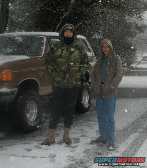 Two men in winter coats stand by a brown 1987 Ford Bronco in the snow. The Bronco has aftermarket wheels