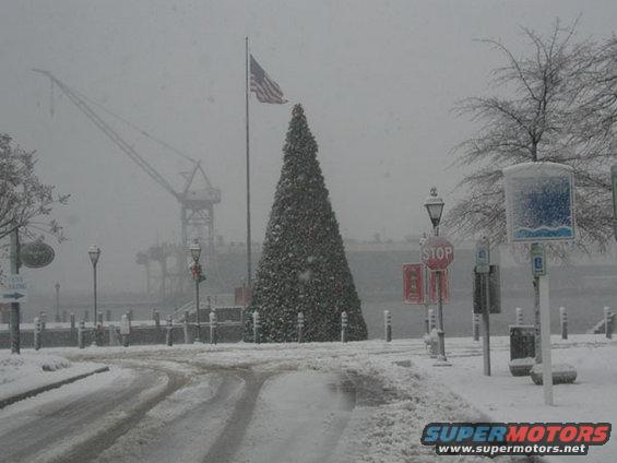 Snowy street with a large Christmas tree, American flag, and a crane in the background