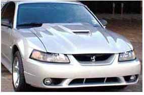 Silver 2002 Ford Mustang front view with hood scoop