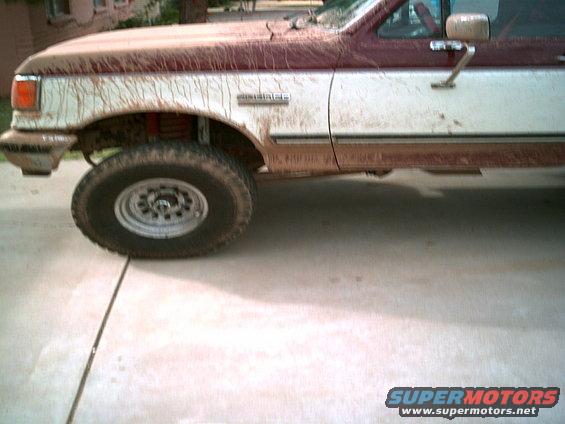Muddy pickup truck side view, showing front fender, wheel, and door