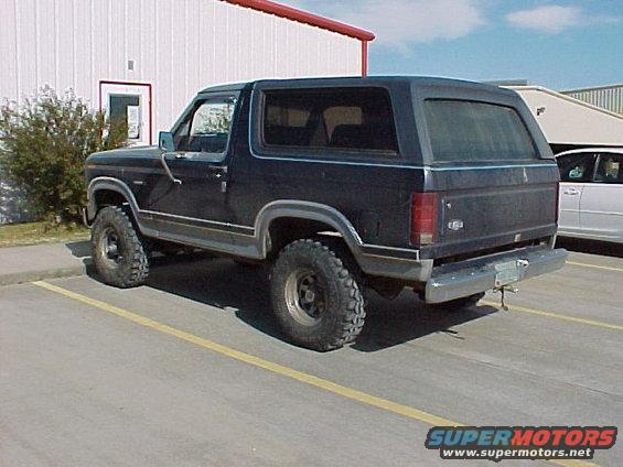 Dark blue SUV with off-road tires parked in a lot