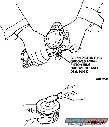 piston-cleaning.jpg CAUTION: Do not use a caustic cleaning solution or a wire brush to clean pistons.

Remove deposits from the piston surfaces. Clean gum or varnish from the piston skirt, piston pins, and rings with solvent.

Clean the ring grooves with Piston Ring Groove Cleaner D81L-6002-D or equivalent, or a broken ring. Ensure oil ring slots (or holes) are clean.

Using a gasket scraper, carefully remove carbon deposits from piston dome.