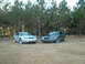 1999 Ford Mustang - Two Ford Mustangs are parked in a field with a line of trees in the background.