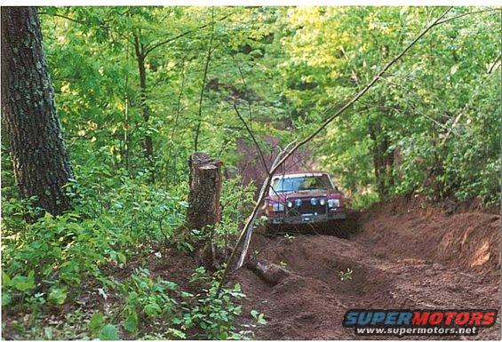 Jeep Cherokee XJ driving up a muddy trail in a forest. Watermark reads SUPERMOTORS