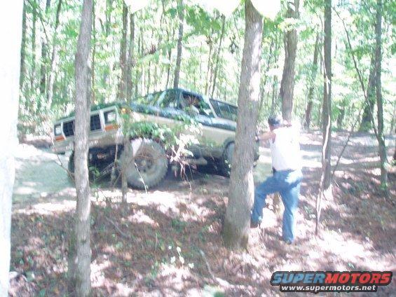 1978 Ford Bronco, tan and brown, off-road tires, driving through trees