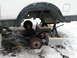 1994 Ford Bronco - Vehicle rear axle assembly removed and supported by jack stands in a snowy environment.