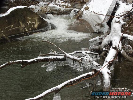 Winter stream with icicles hanging from branches and a small waterfall