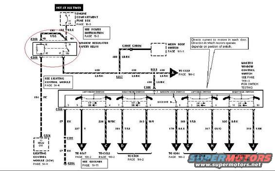 Wiring diagram showing power distribution for window regulators and switches