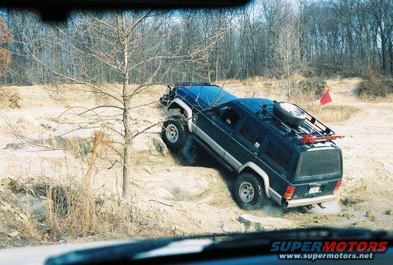Dark blue Jeep Cherokee XJ climbing a dirt hill with a spare tire on the roof rack