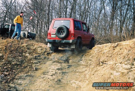 Red SUV climbing dirt hill, spare tire on rear door