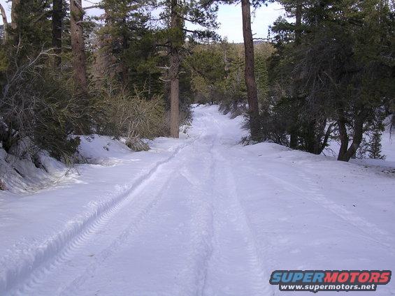 Snowy forest road with tire tracks and SUPERMOTORS.NET watermark
