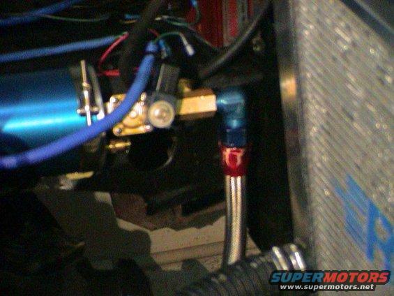 Close-up of blue fuel line connected to brass fitting, with braided hose and part of a radiator visible
