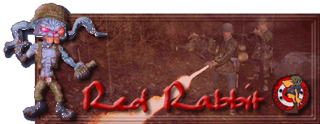 Cartoon rabbit in military gear next to soldiers in a wooded area with "Red Rabbit" text
