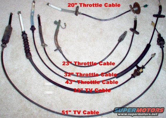 throttle--tv-cables.jpg Throttle cable applications are unknown.  Throttle Valve (TV) cables are for AOD transmissions only.

SOLD 51&quot; TV cable 1-12